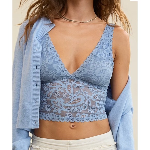 aerie Tops - Aerie Show Off Paisley Lace Padded Plunge Tank Top Blue Sz S